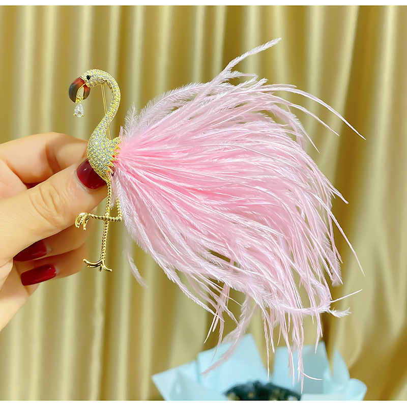 New Korean Style Fashionable Zircon Flamingo Brooch Simulated Feather Soft Clothing Atmospheric Creative Animal Accessories for Women