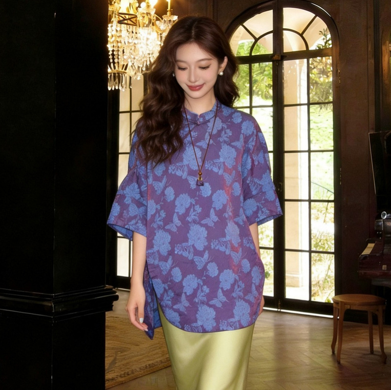 2026 Summer New Style Rayon Shimmering Brocade Chinese Style Loose-Fitting Slimming Shirt That Hides the Body and Shows a Thin Back, Lazy Shirt 2026 Summer New Style Rayon Shimmering Brocade Chinese Style Loose-Fitting Slimming Shirt That Hides the Body and Shows a Thin Back, Lazy Shirt