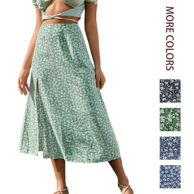 2026 Summer New Foreign Trade Women's Clothing European and American Floral Print Skirt Amazon Cross-Border Slit A-Line Hip-Hugging Long Skirt