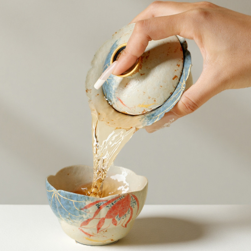 墨己焦糖釉手绘莲花仿古陶瓷盖碗功夫茶具家用花口盖碗家用泡茶碗|undefined