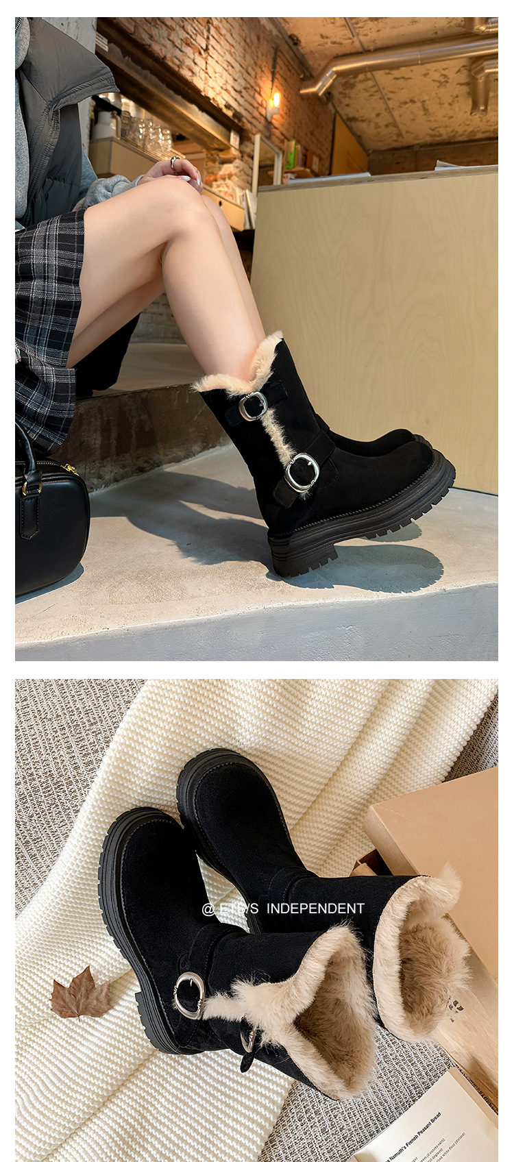 Boot nữ đế dày khóa kim loại da lộn, kiểu hai lớp gấp, lót bông giữ ấm, cổ ngắn — màu đen chi tiết 25