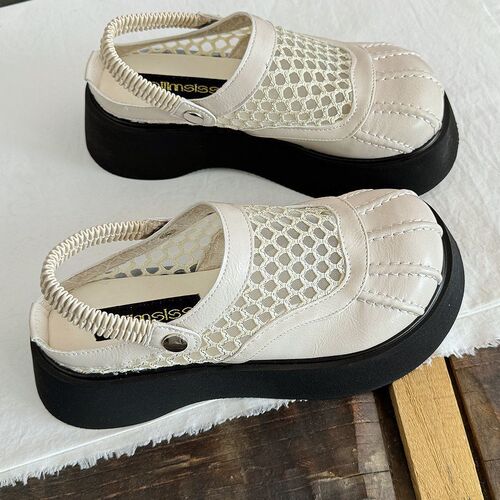 Women's thick-soled sandals 2025 summer lace mesh fisherman shoes heightening toe half slipper fairy net beach shoes 