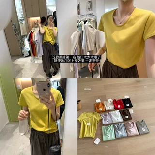 艾蜜朵纯色舒适短袖T恤女夏季新款百搭简约基础显瘦上衣女