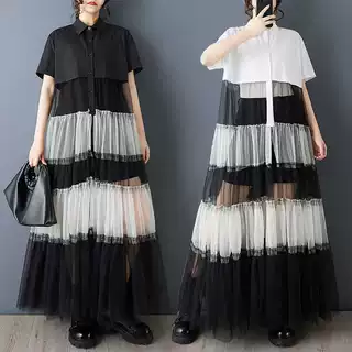 实拍春秋新款宽松大码印花网纱拼接休闲甜美短袖衬衫连衣裙