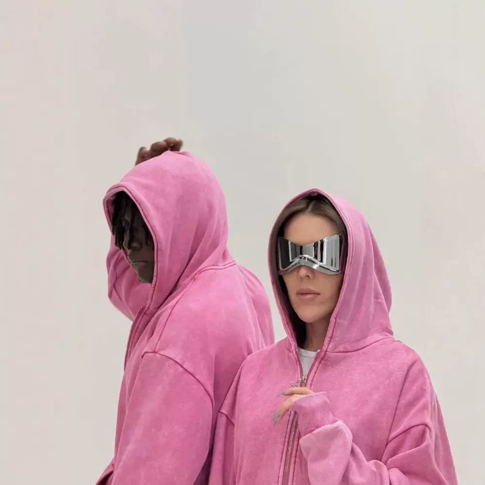 跨境拉链加绒连帽卫衣男ins情侣款水洗复古做旧潮重磅纯棉Hoodies