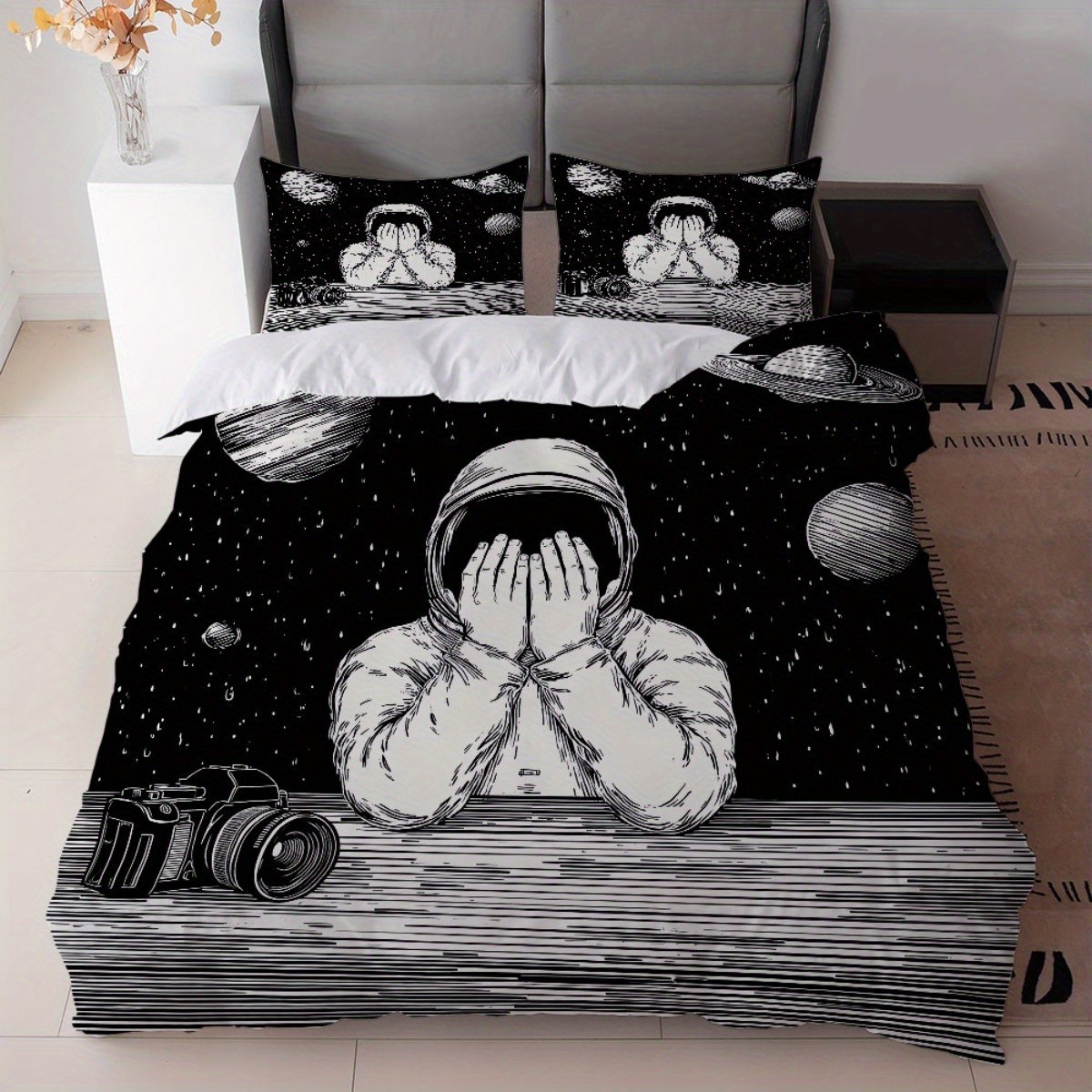 Cartoon Astronaut Digital Printed Edredon Kit Textile Transpirable Transfronterizo Fuente TEMU / JIT