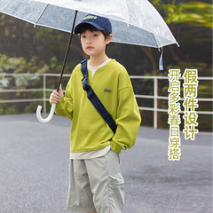 パンダ「ラウンド」精梳綿重ね着風フェイクツーピース男の子用Tシャツ 2025年秋新作子供服 キッズスウェットトップス
