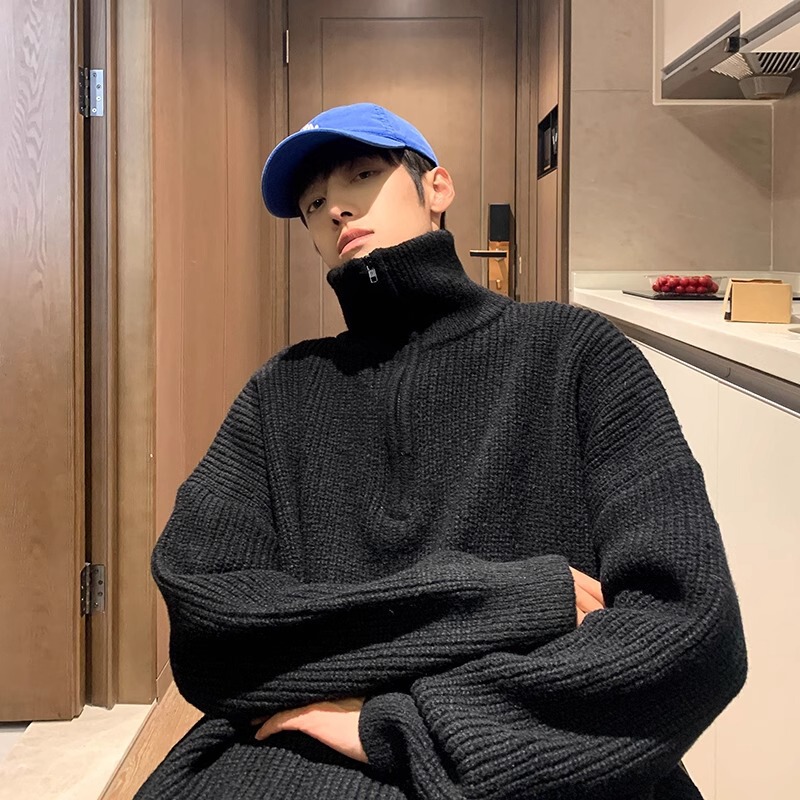 Half-Zip Turtleneck Knitwear Men's Autumn and Winter Loose Lazy Trend Brand Knitwear Jacket Youth Couple Knitwear