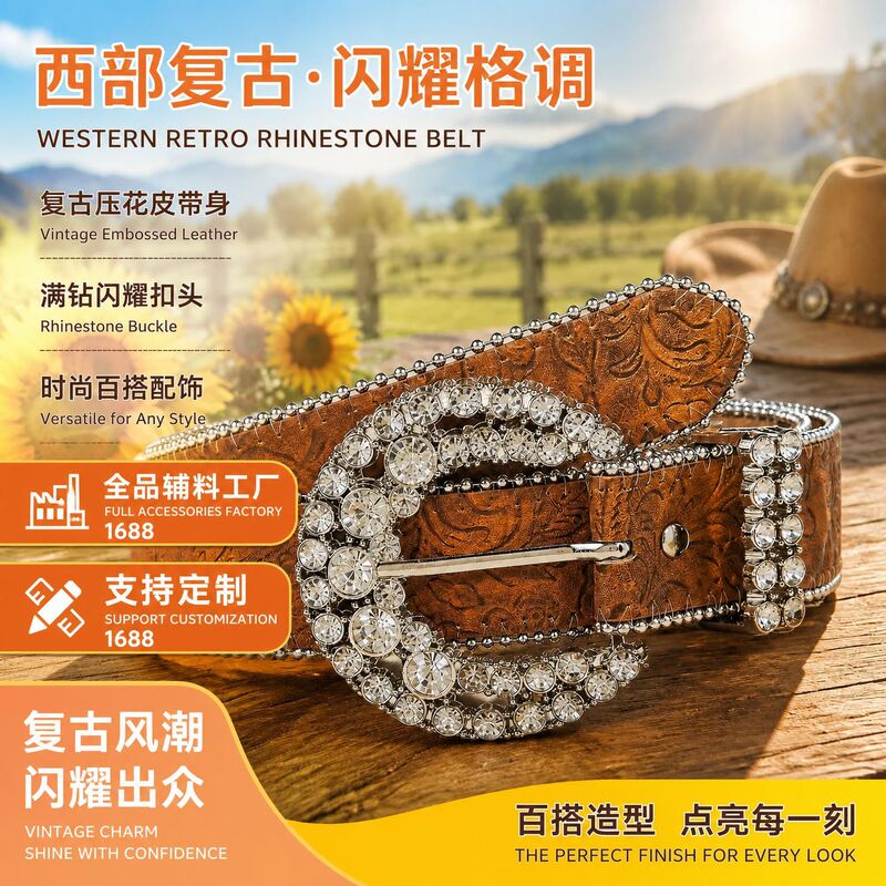 European and American style rhinestone buckle brown textured niche pin buckle belt with special printed pattern, unisex European and American style rhinestone buckle brown textured niche pin buckle belt with special printed pattern, unisex