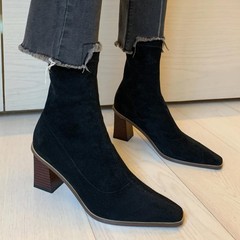 YX杏色木纹高跟短靴子女2025秋冬新款尖头粗跟绒面套筒弹力瘦瘦靴