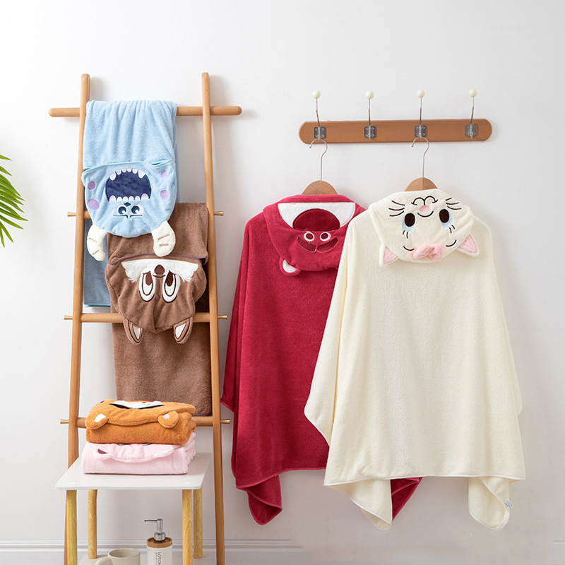 Coral Fleece Baby Bath Towel Cloak Bathing Thickened Large Towel Children Water Absorbent Quick-drying Cartoon Cute Embroidered Bathrobe