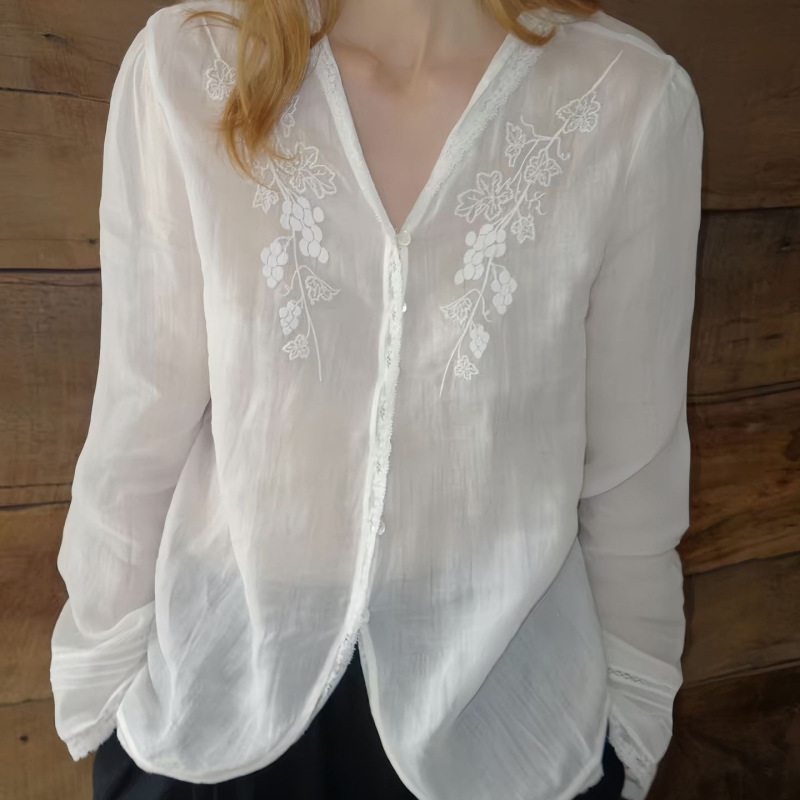 Nice Peopel 2026Ss Ramie French Embroidery V-Neck Translucent Lace Shirt