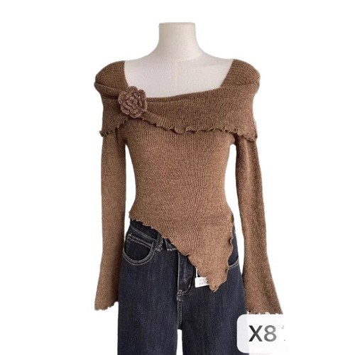 French-style chic ruffled-edge 3D floral off-shoulder knit top | Slim-fit sweater | Women's layered autumn/winter base shirt