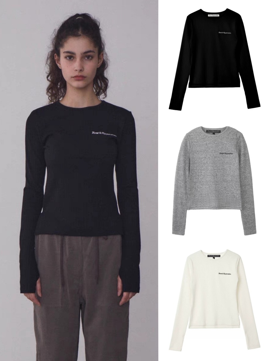 現物韓国restandrecreationアルファベット刺繍丸首長袖tシャツ女性RR修身カーディガン秋