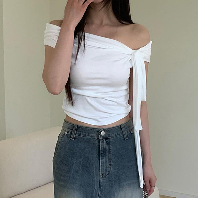 2026 Korean Version Of Chic Design Sense Asymmetrical Knotted Straps Off-the-shoulder T-shirt Pleated Waist Versatile Knitted Top_ecoleips.com