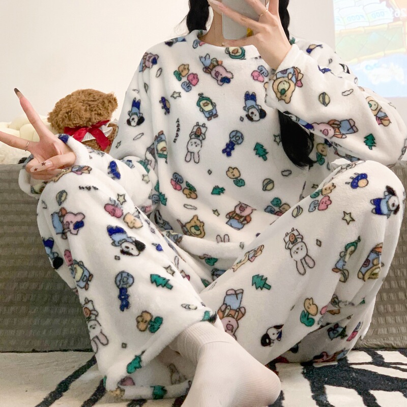 Ins Style Fleece-Lined Thickeneded Coral Velvet Winter Pajamas for Women in Autumn and Winter Cute Student Home Clothes Set That Can Be Worn Outside