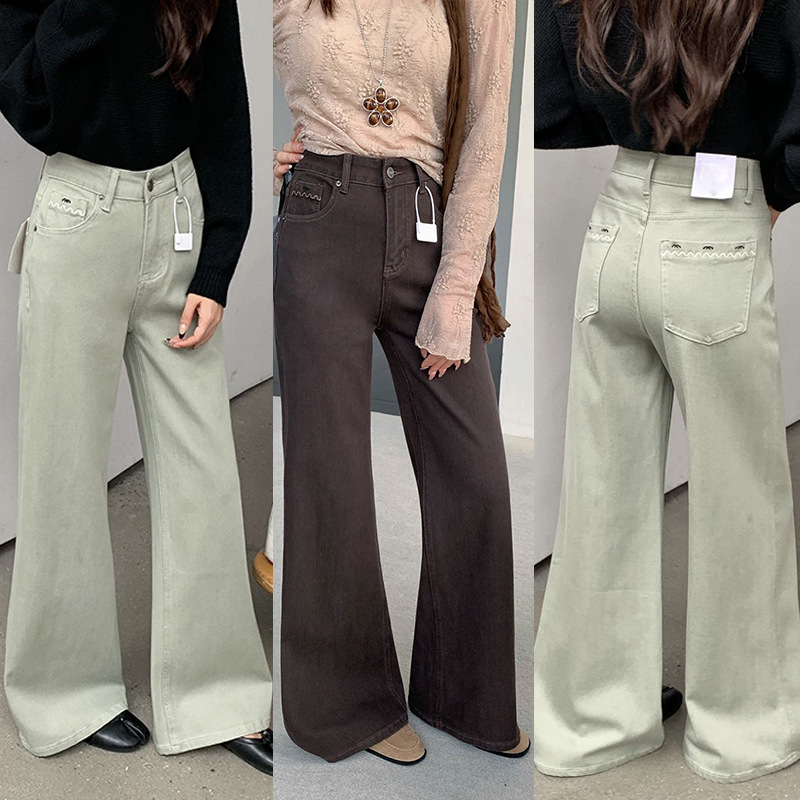2026 Autumn High-Waisted Eight-Way Stretch Fashionable Women's Gray Green and Dark Brown Straight-Leg Slightly Flared Jeans 2026 Autumn High-Waisted Eight-Way Stretch Fashionable Women's Gray Green and Dark Brown Straight-Leg Slightly Flared Jeans