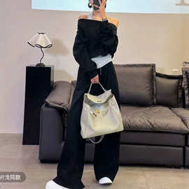 时尚洋气运动套装秋季挂脖一字露肩卫衣阔腿裤休闲显瘦两件套