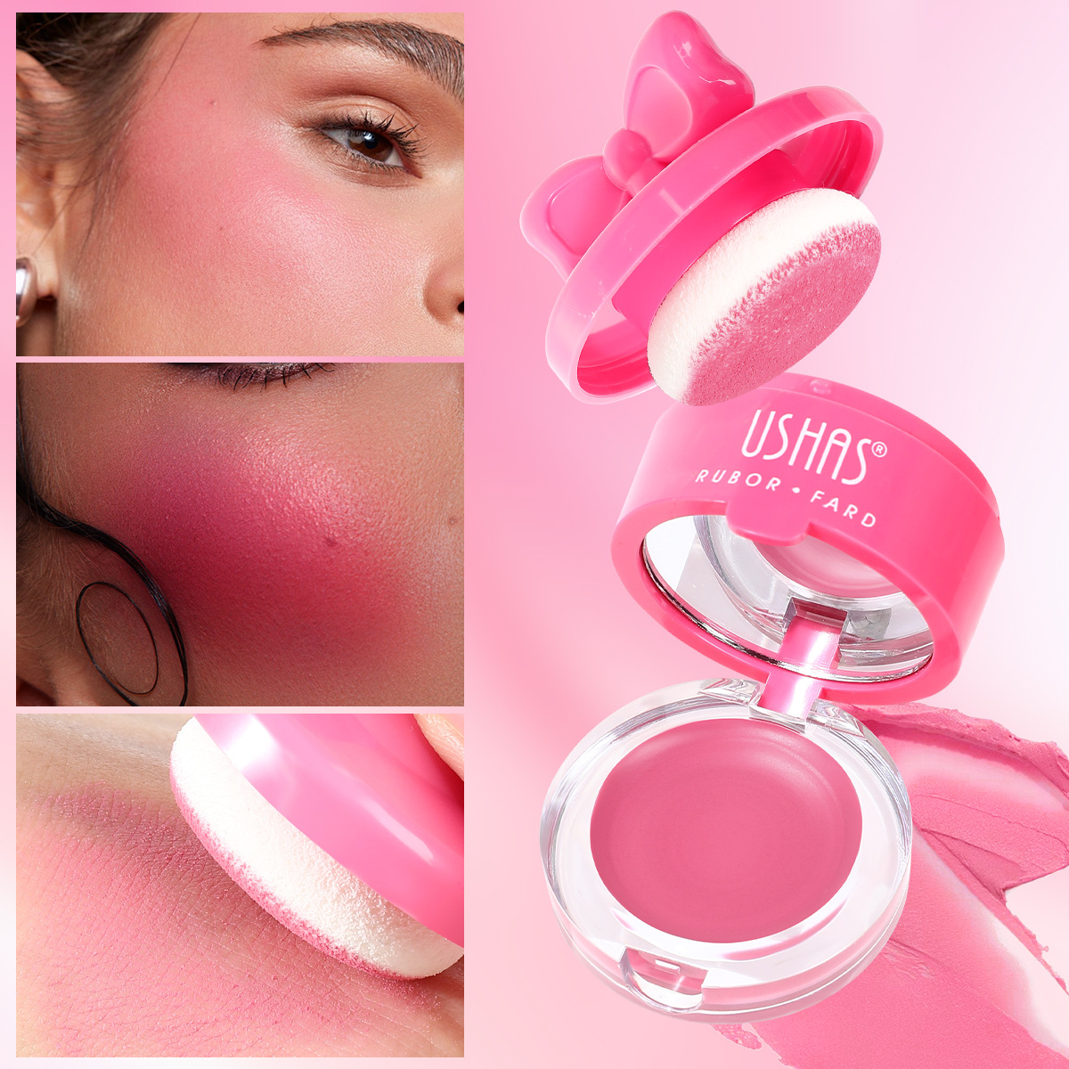 USHAS transfronterizo Europa y América venta caliente lindo lazo sin maquillaje iluminado enlatado barato al por mayor rubor UC094