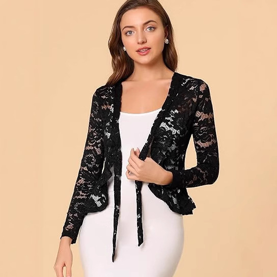 2025 European and American Amazon Lace Women's Lace-Up Front Cardigan Ruffled Hem Long-Sleeved Top 2025 European and American Amazon Lace Women's Lace-Up Front Cardigan Ruffled Hem Long-Sleeved Top