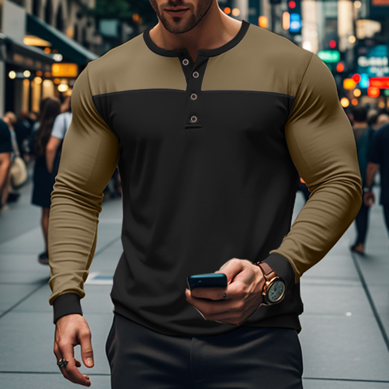 Camiseta masculina de manga comprida com gola Henry e blocos de cores para outono_voghion.com