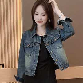 2025年秋季新款复古显瘦牛仔外套女百搭POLO领长袖夹克短款上衣潮