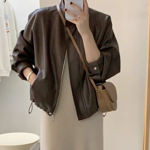 Brown Leather Jacket Women's Leather Jacket 2026 New Hong Kong Style Short Motorcycle Trendy American Retro Baseball Jacket