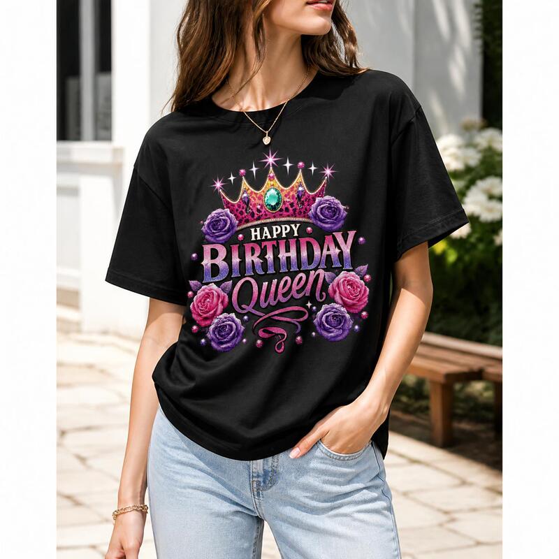 Black pure cotton printed T-shirt, loose fit, women's, with birthday queen pattern