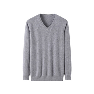 Inner Mongolia Cashmere Pullover Men's 40 Velvet V Neck Pure Color Jacquard Casual Bottoming Fir Knitted Sweater Autumn and Winter New Style