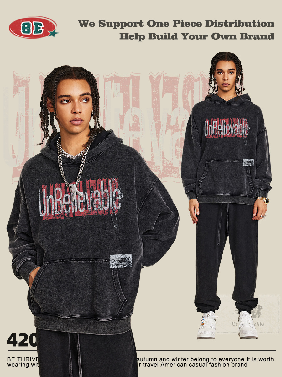 Be Hombres| Otoño y invierno de 2025 estilo americano pesado contraste de color relajado sentido de diseño retro hacer viejas camisetas con capuzas de moda masculina