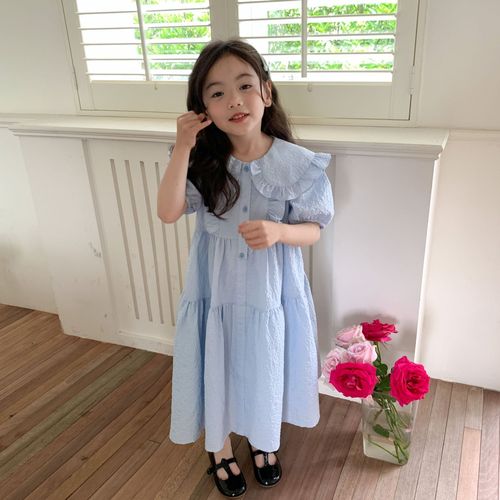 Elmo Beibei Children's Skirt Summer Medium and Large Girls Cotton Embossed Doll Large Lapel Princess Dress