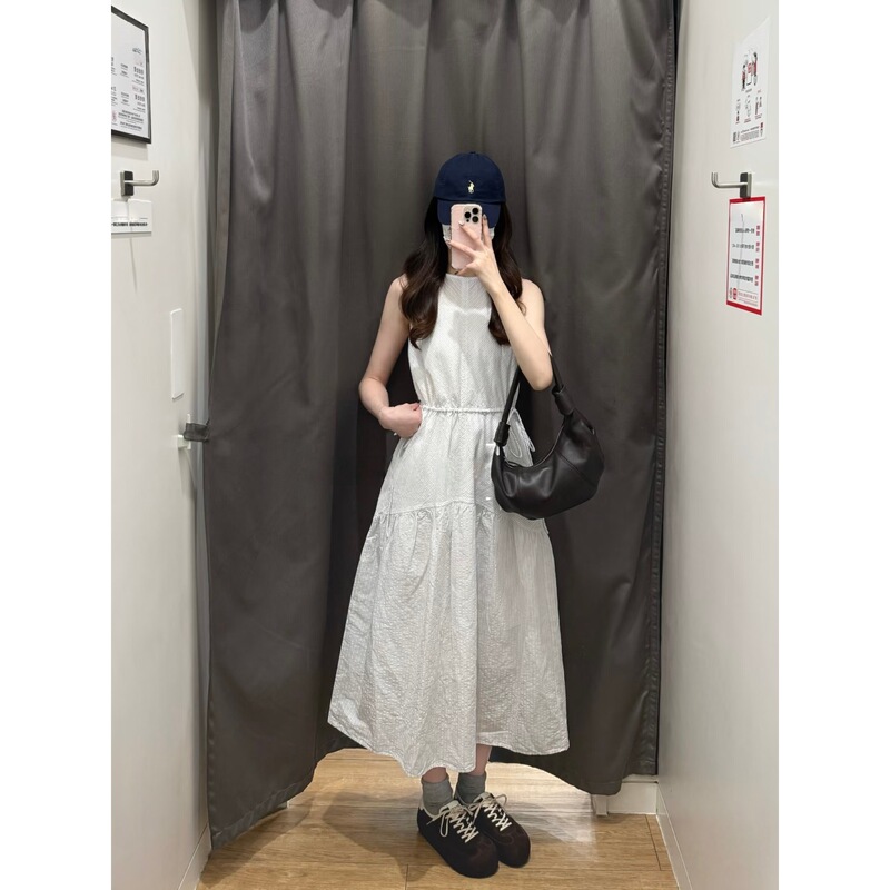 Women's Cotton and Linen Striped Layered Dress, Sleeveless Skirt, Drawstring Long Waist-Cinching Straight Skirt, Spring and Summer 484787