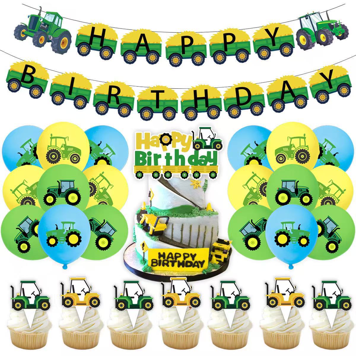 Tractor Theme Happy Birthday Flag Banner Flower Cake Insert Balloon Set Party Decoration Supplies