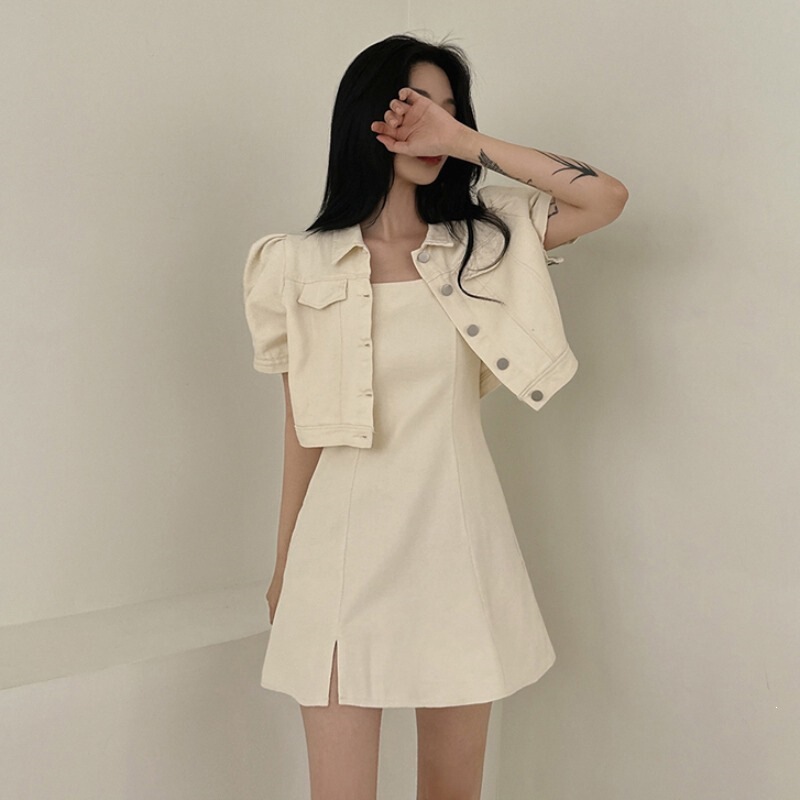 Sizes Have Been Updated: Korean Chic Youthful Workwear Jacket + Suspender Dress Set for Petite Figures