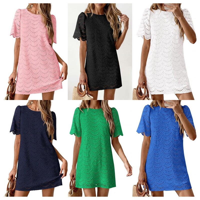 Puff Sleeve Embroidered Lace Short-Sleeved Dress for Women, Casual Beach Vacation Dress (Long Version) Vacation Style