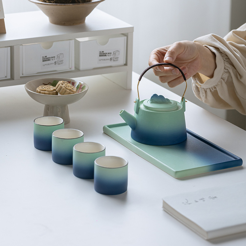 Coarse Pottery Gradient Kung Fu Tea Set suit Light Luxury High-end Household One-person Ceramic Tail Pot with Four Cups Gift Box
