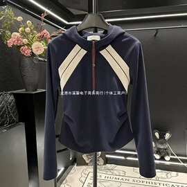 连帽插肩袖拼色短款上衣2025秋季新款胖MM大码时尚显瘦百搭卫衣女