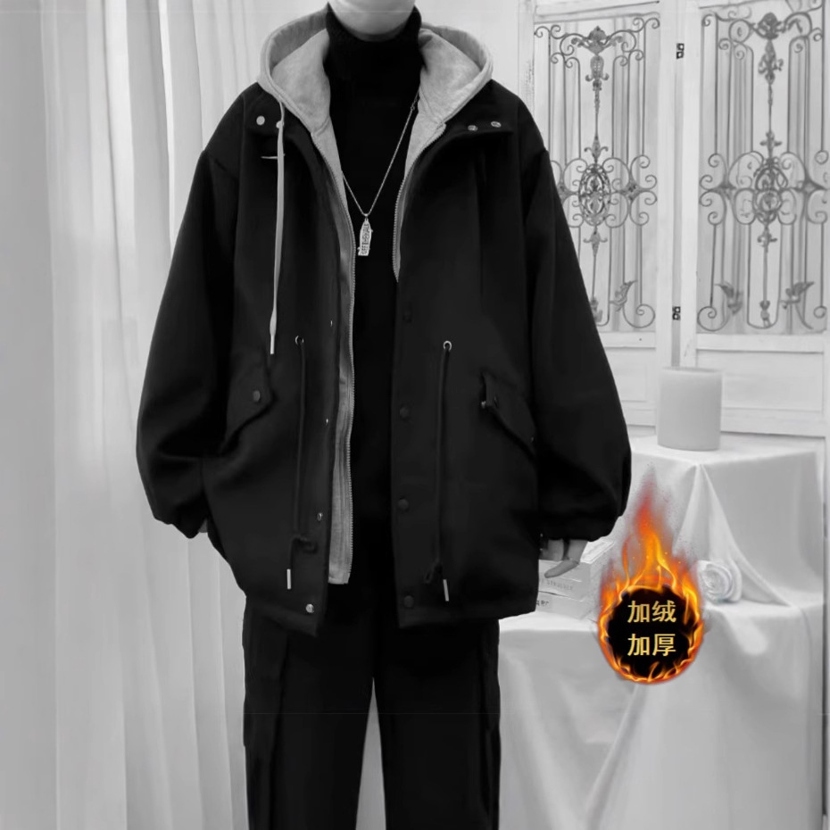 겨울 두꺼운 모직 코트 남자의 느슨한 가짜 투피스 후드 모직 코트 소년 트렌디 브랜드 윈드 브레이커 중간 길이