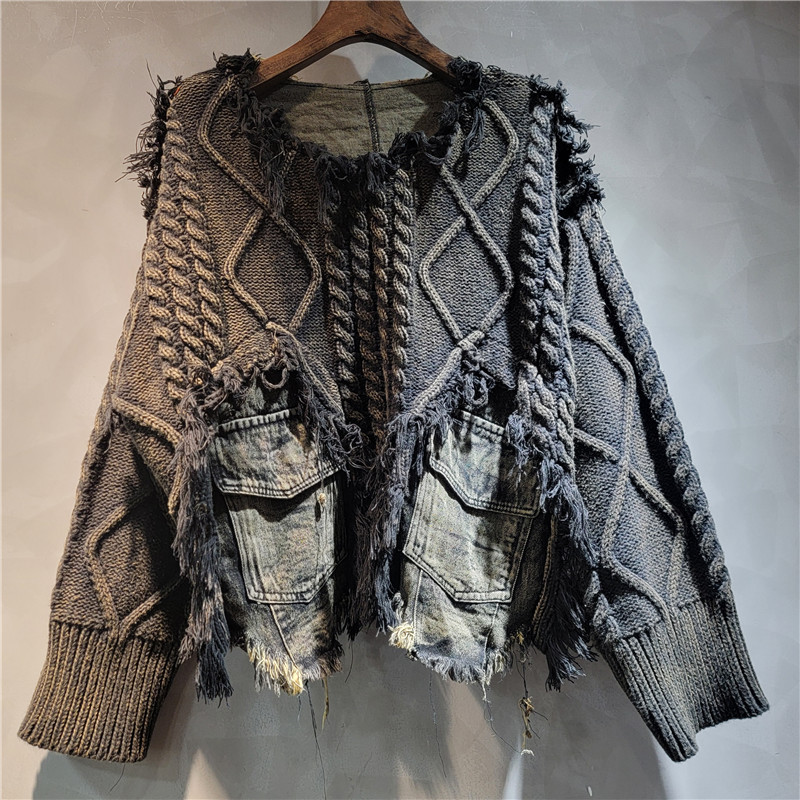 Moda cool estilo estilo extranjero tejido de costura jeans cuello redondo manga larga suéter corto para mujeres otoño / invierno 2025 image 6