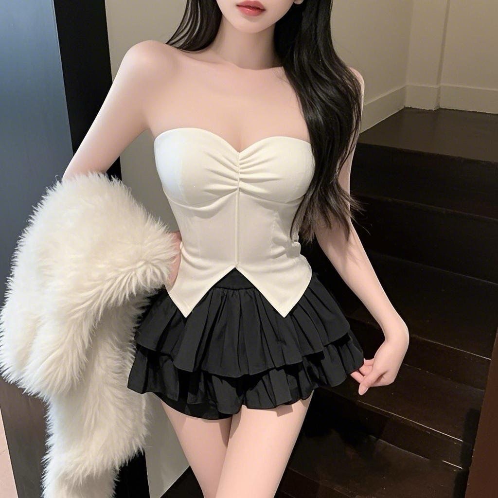 Set váy xếp ly ngắn nữ phối áo yếm có đệm ngực phong cách tiểu thư — Áo ngực đỏ (nguyên bản có đệm ngực), Trắng Spacer+Váy Set, Đen Spacer+Váy Set, Màu đỏ Spacer+váy Set chi tiết 10
