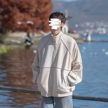 麂皮绒立领外套男秋季百搭宽松复古休闲痞帅反光条设计感运动夹克