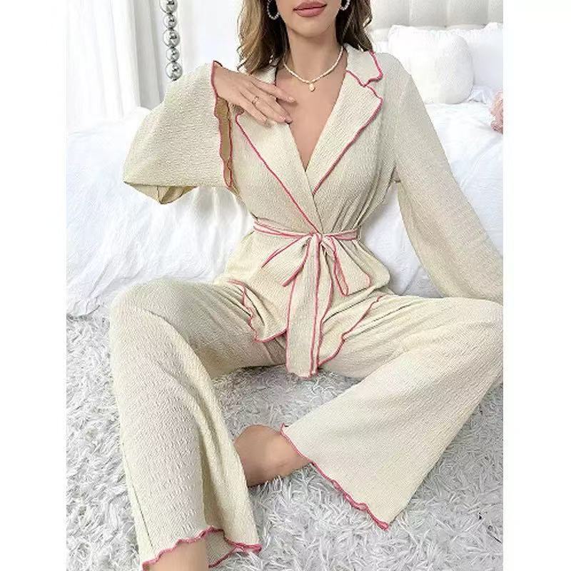 Cross-Border Lapel Lace-Up Waist Women's Spring and Autumn New Long-Sleeved Cardigan Textured Home Wear Two-Piece Set That Can Be Worn Outside