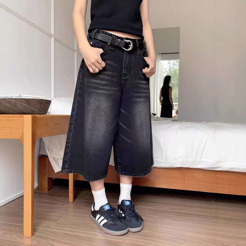 plus size High Waist Wide Leg Cropped Denim Shorts Women's Summer New Black Washed Loose Casual Slimming Straight Pants