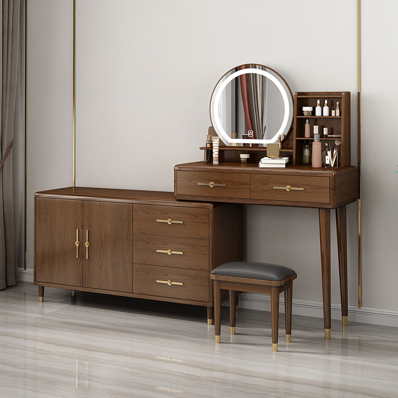 New Chinese Dressing Table Bedroom Solid Wood Cosmetic Cabinet Desk Integrated Telescopic Storage Cabinet with Light Multifunctional Table