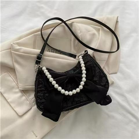 2026 Winter Trendy Fashion Pearl Bow Solid Color Underarm Pleated Bag Single Shoulder Bag Personalized Chain Crossbody E1