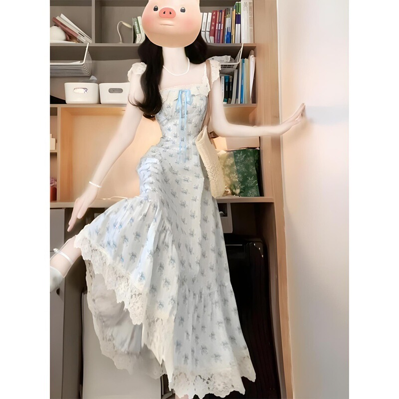 First Love Date Wear Blue Floral Dress Summer Small Flying Sleeves Super Fairy Gentle Style Waist Slimming Skirt