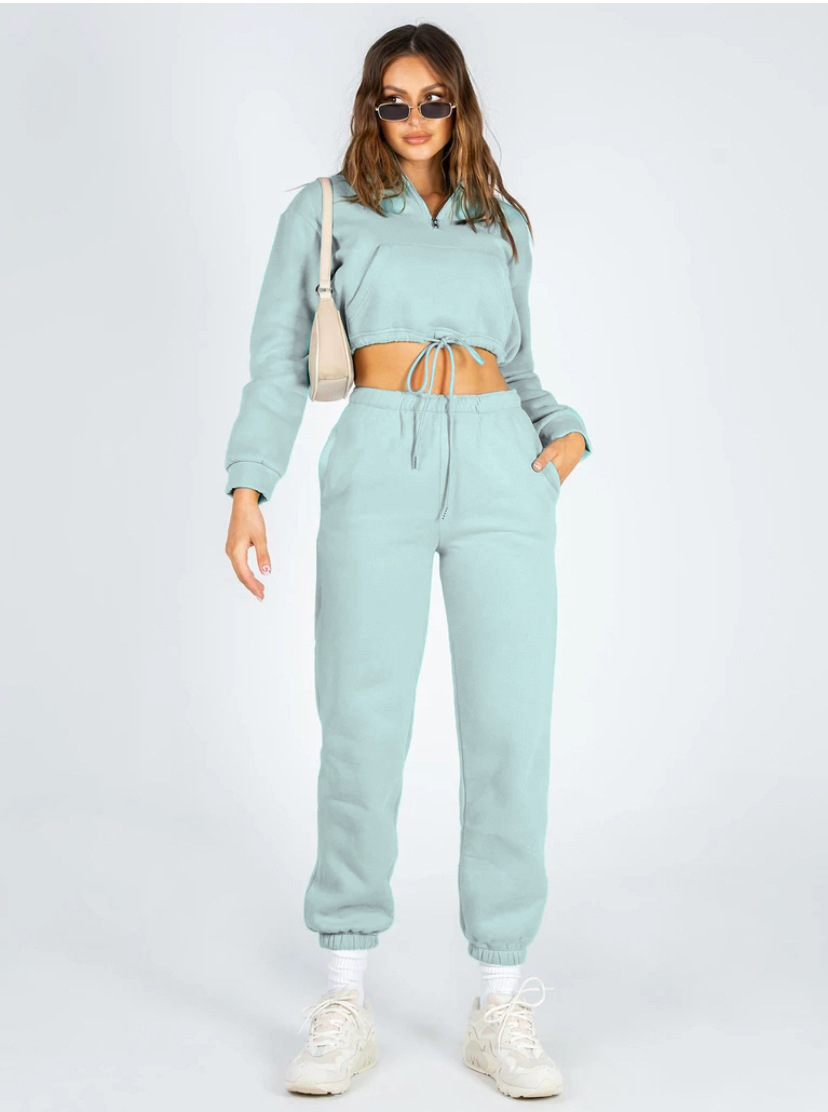 Women's Clothing 2024 autumn and winter solid color stand up collar zipper drawstring navel baring plus velvet sweatshirt casual sweatpants suit_voghion.com