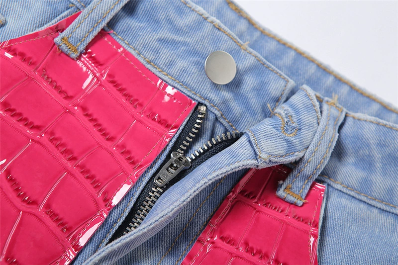 Woman denim Jean Shorts PU Leather Patchwork Pokcet Zipper Mini Jean Shorts S-L 2Color 	 W21P04640 slim fit