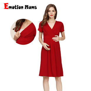 Summer Short-sleeved Maternity Nursing Skirt V-neck Solid Color Pregnant Women dress plus size dress Fashionable Loose Maternity Dress