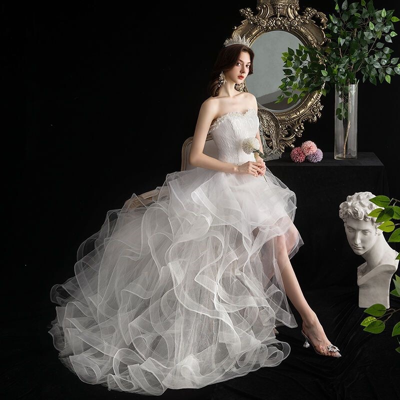 2026 Wedding Dress with a Strapless Top, Short Front and Long Back, Small Train, Main Gown for Cosplays, Adult Ceremonies, Student Puffy Cake-Style Short Dress 2026 Wedding Dress with a Strapless Top, Short Front and Long Back, Small Train, Main Gown for Cosplays, Adult Ceremonies, Student Puffy Cake-Style Short Dress